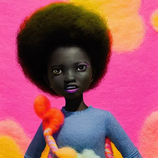 Prompt: a black girl with big cute! eyes and a colorful afro dancing in a filed of cotton candy at sunset, bright colors, synthwave, watercolor, volumetric wool felting, felt, macro photography, children illustration, global illumination, radiant light, detailed and intricate environment, by goro fujita, bokeh!!!!