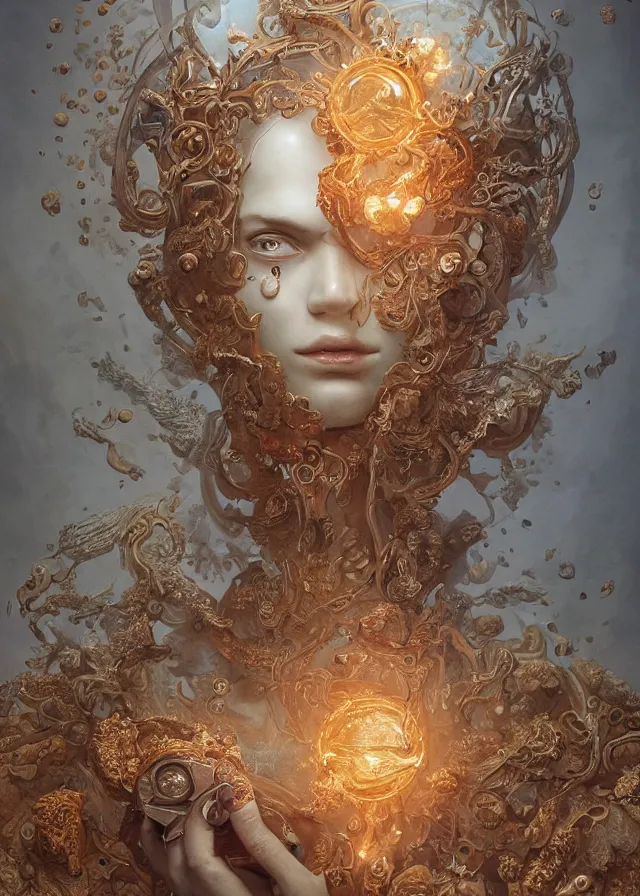 Prompt: human portrait, face, wearing a carved mineral mask with tiny mineral incrustations, godness, ethereal, elements, baroque, rococo, white + orange + ink + tarot card with ornate by marc simonetti, peter mohrbacher, cinematics lights, detailed, intricate illustration, octane render, fractal bacground, golden ratio, sacred, mechanical