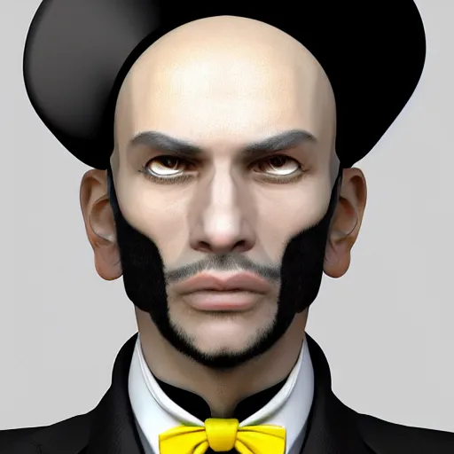 Image similar to a highly detailed portrait of a man in a high top hat covering his face, in a black tailcoat with a yellow waistcoat under the tailcoat, artstation, deviantart, professional, unreal engine 5, photorealistic