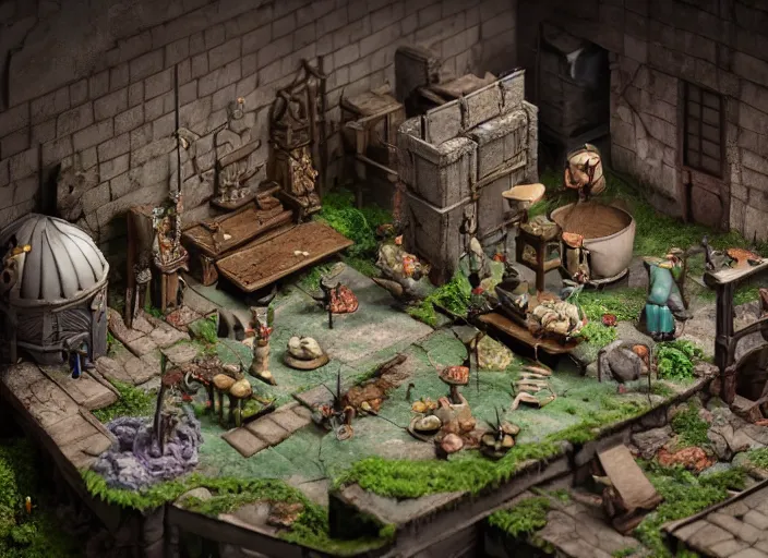 Image similar to detailed studio photography of a claymation diorama of an isometric dungeon game level design, zeiss lens, detailed, by erwin olaf, joop geesink, wes anderson, jim henson, brian froud, breathtaking, 8 k resolution, beautiful lighting, studio light, extremely detailed, establishing shot, realistic materials, hyperrealistic