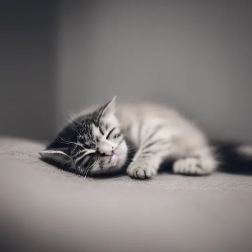 Image similar to portrait photo of a sleeping kitten, indoors, f 1. 4, golden ratio, rim light, top light, overcast day