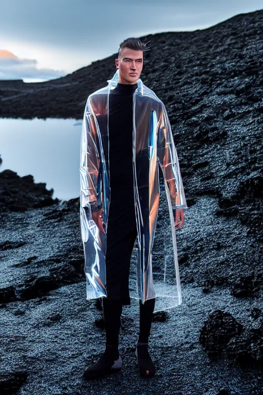 Image similar to an ultra high definition professional high fashion portrait studio full length photograph of a male model wearing a transparent pearlescent raincoat and neon visor planking in an icelandic black rock environment at dawn. no artefacts. extremely detailed. stark. refraction. shallow depth of field. volumetric light and shadow. ray tracing. light rays.