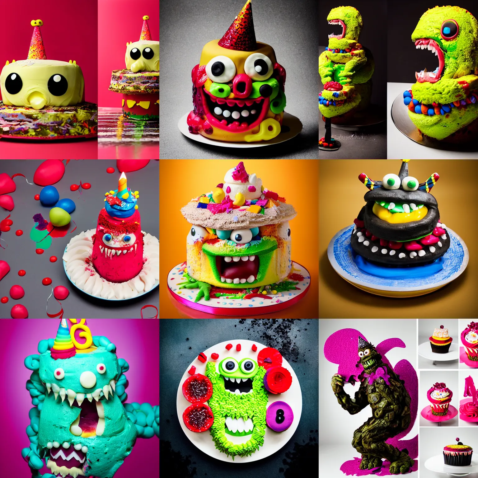 Prompt: monster made out of birthday cake, food photography, studio lighting