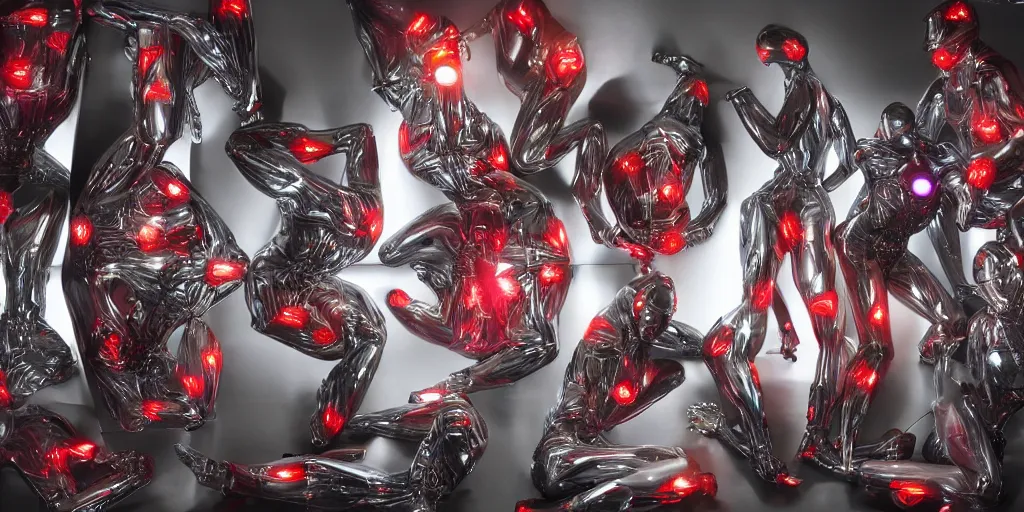 Prompt: !13 diverse cybersuits on !one_side of a reflective !metal table, !!posing_as_last_supper cinematic lighting, detailed glowing red implants, satin, crystal, liquid, floating, !!highly detailed