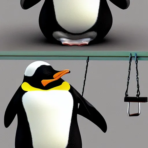 Image similar to realistic penguin sitting on a swing, hyper detailed, trending on artstation