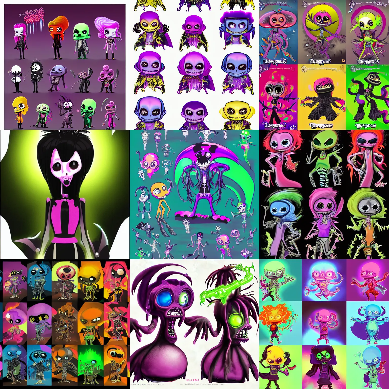 Prompt: CGI umbrakinetic lisa frank gothic punk toxic glow in the dark bones vampiric rockstar vampire squid concept character designs of various shapes and sizes by genndy tartakovsky and the creators of fret nice at pieces interactive and splatoon by nintendo and the psychonauts by doublefines tim shafer artists for the new hotel transylvania film managed by pixar and overseen by Jamie Hewlett from gorillaz