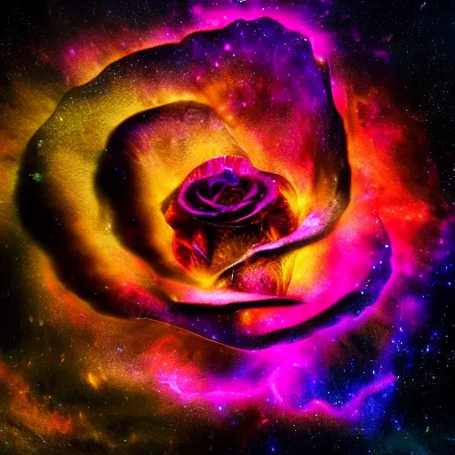 Prompt: fantasy art based on award - winning macro of a beautiful black rose made of molten magma and nebulae on black background by harold davis, highly detailed, mysterious inner glow, trending on deviantart, artstation and flickr, nasa space photography, national geographic