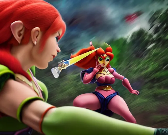 Image similar to princess peach fighting ganondorf, hyper realistic, cinematic, long shot, hyper detailed, 8 5 mm photograph, 8 k resolution, film still, sharp lens, wide lens