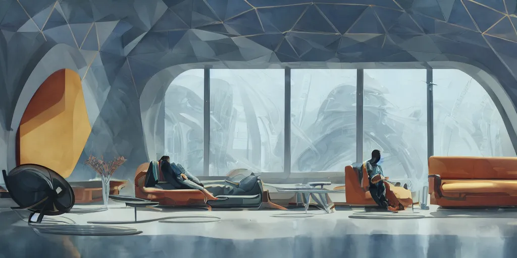 Image similar to a beautiful illustration of futuristic interior studio, lots of furniture, sofa, waiting room, big medium small, sacred geometry, golden ratio, in watercolor gouache detailed paintings, in style of syd mead, trending on artstation, 8 k, panel, hard surface, vent, zaha hadid, props, plant, cozy, decoration,, simon stalenhag, deus ex