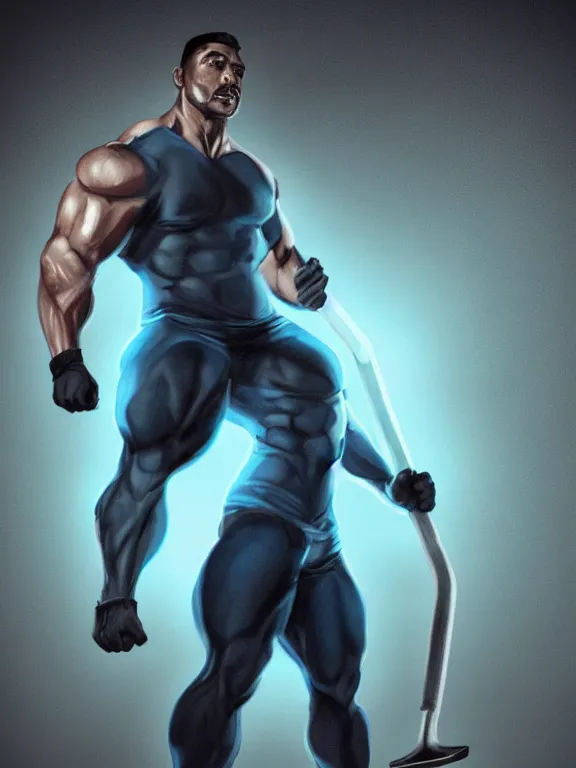 Image similar to portrait art of a muscular man with light blue skin and glowing eyes, wearing a dark blue outfit with now sleeves, fingerless gloves, black shoes. He is carrying a large shovel!!!!!!. around his neck is a glowing light blue vial, 8k ultra realistic , lens flare, atmosphere, glow, detailed, intricate, full of colour, cinematic lighting, trending on artstation, 4k, hyperrealistic, focused, extreme details, unreal engine 5, cinematic, masterpiece