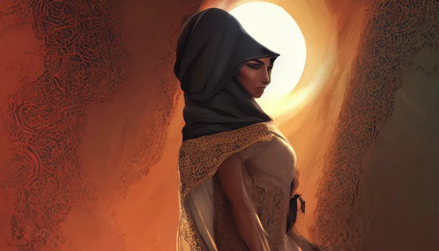 Image similar to Portrait of very very very very very very beautiful Arab woman wearing a Niqab, under giant full moon in the desert, intricate, glowing magical eyes, energy trails, elegant, highly detailed, digital painting, artstation, concept art, smooth, sharp focus, illustration, art by artgerm and greg rutkowski and alphonse mucha