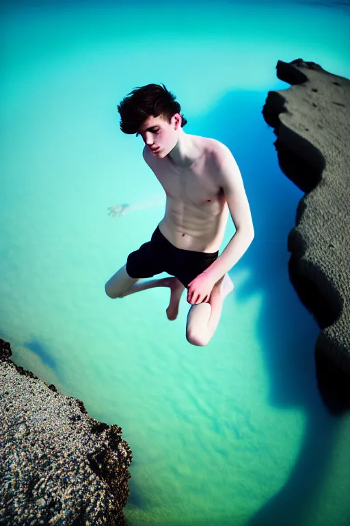 Image similar to high quality pastel coloured film mid angle docu photograph of a beautiful young 2 0 year old male, soft features, short black hair, falling, jumping in an icelandic black rock pool environment. atmospheric. three point light. photographic. art directed. ( pastel colours ). volumetric light. clearcoat. waves glitch. 8 k. filmic.