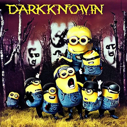 Image similar to darkthrone transilvanian hunger album cover with minions