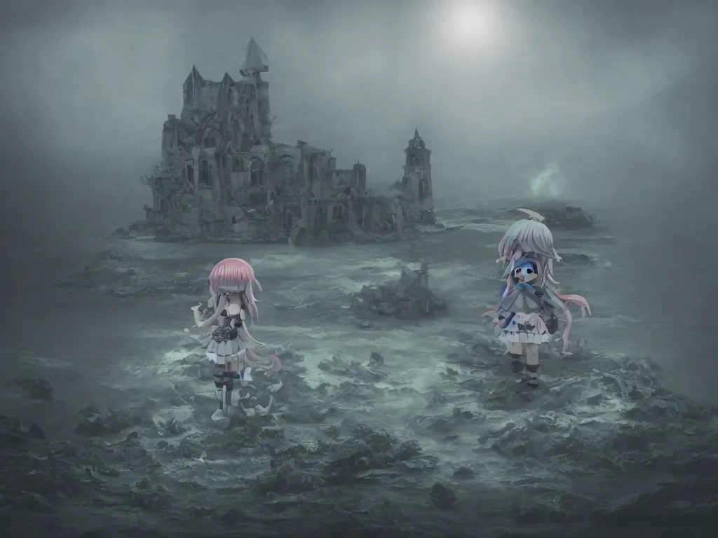 Image similar to cute fumo plush girl witch on a tiny island of concrete brutalist ruins surrounded by murky river water, river styx, cursed otherworldly chibi gothic horror wraith maiden, lost in the milky void, hazy heavy magical glowing swirling murky volumetric fog and smoke, moonglow, lens flare, vray