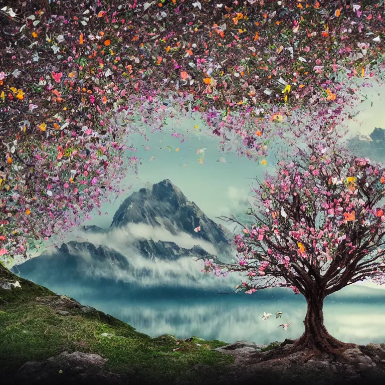 Image similar to a beautiful awesome artistic tree with falling flowers like leaves and many birds, all in the amazing outdoors view, mountain in the background, lake, long exposure, 8 k resolution, trending on artstation