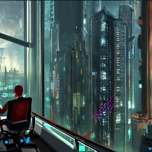 Prompt: sci-fi CEO overlooking cyberpunk cityscape. Mega Corporate corner office. Big glass windows. octane. Trending on art station.