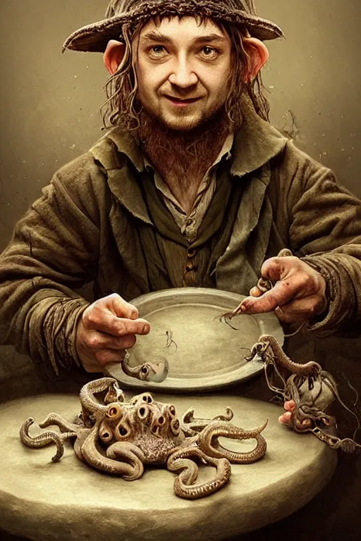 Image similar to dirty faced and very happy hobbit looking the table full of fook, hobbit is wearing a hat made of octopuss, fantasy, intricate, elegant, highly detailed, digital painting, artstation, concept art, addiction, chains, smooth, sharp focus, illustration, art by Ilja Repin