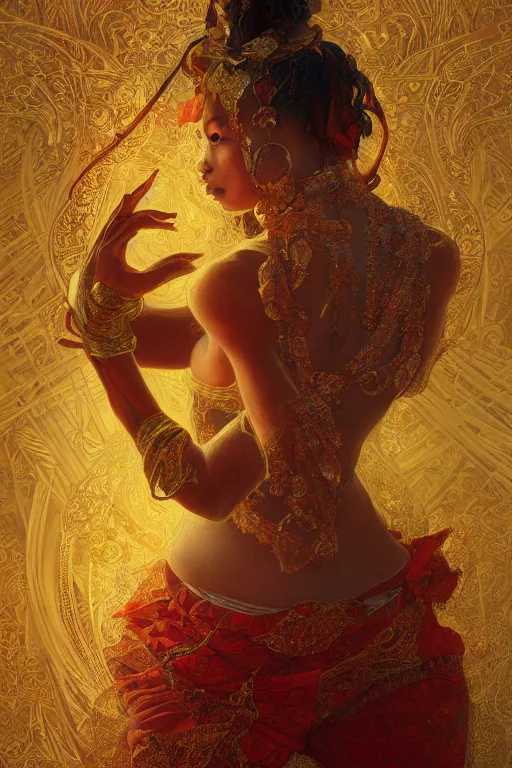Prompt: tarot card artstation, portrait of a nigerian love dancer, sunrise, baroque ornamnet and rococo ornament, ancient chinese ornate, hyperdetailed, beautiful lighting, craig mullins, mucha, klimt, yoshitaka amano, red and gold and orange color palatte