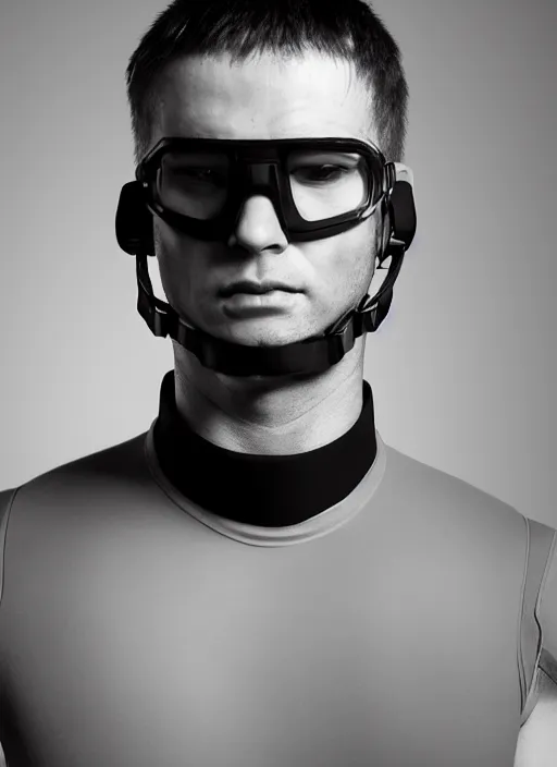 Image similar to Close upper body shot. Artistically angled subject. Professional studio portrait lighting. Technological fashion photography. Model wearing business casual attire dress-shirt. Mechanical matte black wearables designed by Ikeuchi Hiroto inspired by SCUBA gear. Hydraulics. Reflective domes. Bulky wearables. Receiver Antennae.