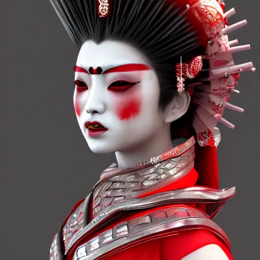 Prompt: geisha warrior ornated armor war paint, detailed, jewelry, sakura,photograph, award wining, red and white, trending on artstation, 4k, unreal engine 5, octane render, neon highlights