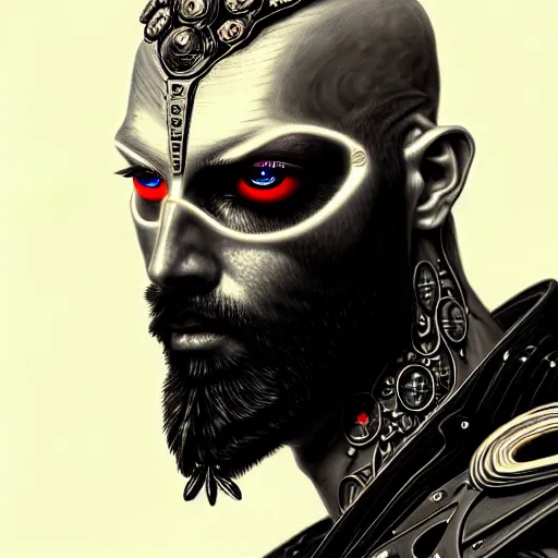 Prompt: bearded man with extremely large and intricate eye cyberpunk bionics with angry red eyes and slim features looking askance, eye cyberpunk bionics, retro futurist style, intricate, elegant gleaming intricate baroque jewelry, angelic halo, highly detailed, digital painting, artstation, concept art, smooth, sharp focus, illustration, art by wlop, mars ravelo and greg rutkowski,