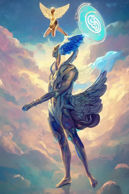 Prompt: highly detailed, dynamic pose, the handsome greek god hermes, wearing winged helmet, giving a glowing laptop computer to humanity, clouds of glowing binary code, digital painting bioluminance alena aenami artworks in 4 k design by lois van baarle by sung choi by john kirby artgerm style pascal blanche and magali villeneuve