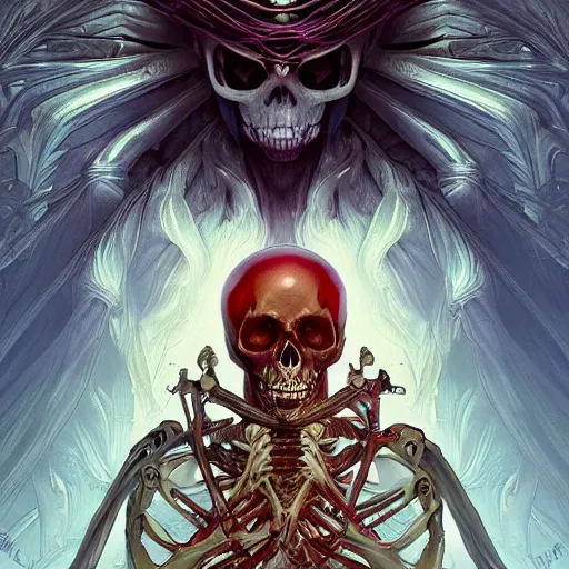 Prompt: skeleton with eyes, cinematic shot, 8 k, art by artgerm and greg rutkowski and alphonse mucha