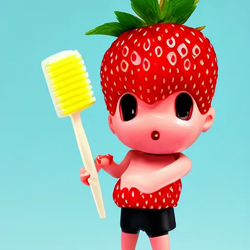 Prompt: a cute strawberry with two front teeth, holding a yellow toothbrush, in the style of shinji aramaki