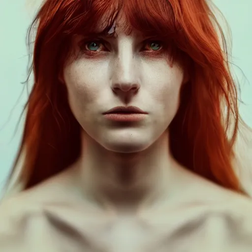 Image similar to a portrait photograph of a female by Alessio Albi, beautiful full face, symmetrical face, artstation, deviantart, hyperrealism, green eyes, long red hair,a small nose