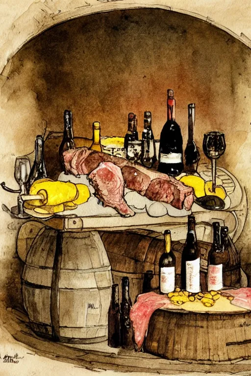 Image similar to pork, meat, schnapps, wine, candle on a barrel in a cellar, watercolor painting by anderz zorn and carl larsson