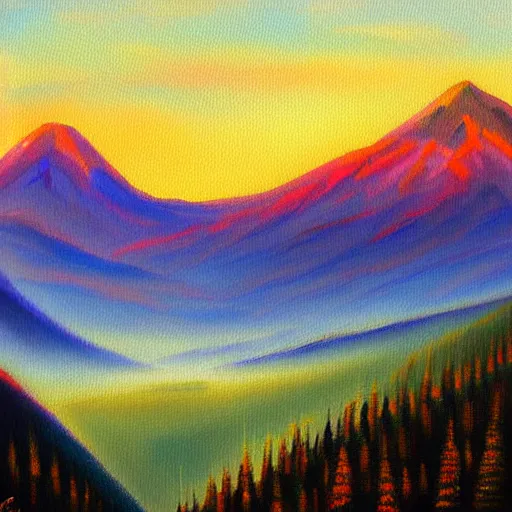 Image similar to beautiful mountain and a rising sun oil painting by spencergore