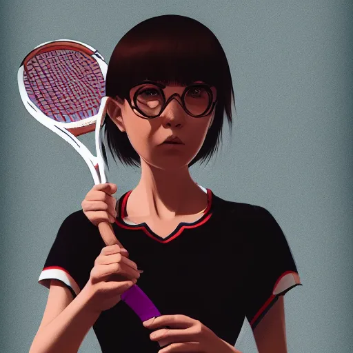 Image similar to a drawing of a woman holding a tennis racquet, a character portrait by Ilya Kuvshinov, cgsociety, shock art, ilya kuvshinov, 2d game art, official art