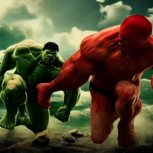 Image similar to hulk fighting juggernaut from x - men, marvel movie, cinematic, explosive action, vfx, artistic