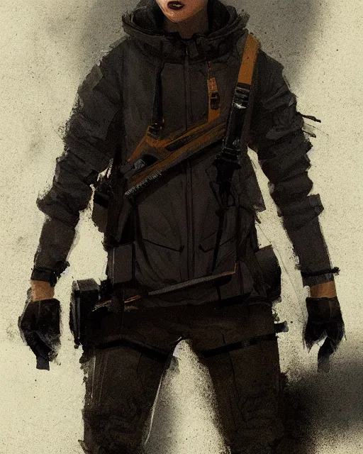 Image similar to Medium shot of a character wearing techwear in the style of greg rutkowski