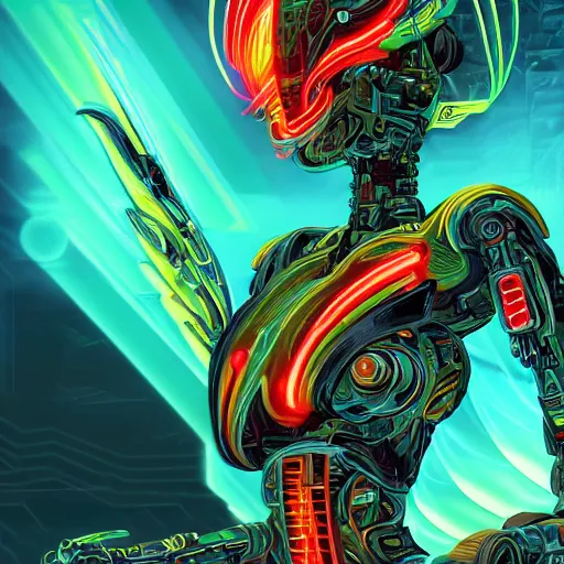 Image similar to a beautiful digital artwork of a neon glowing cyborg phenix with robotic mech parts by dan mumford, cyril rolando, and m. w kaluta. 8 k resolution, ultrafine details, rendered in unreal engine 5, cinematic composition, reimagined by industrial light and magic, smooth, 4 k, beautiful lighting, hdr, imax, cinema 4 d, shadow depth