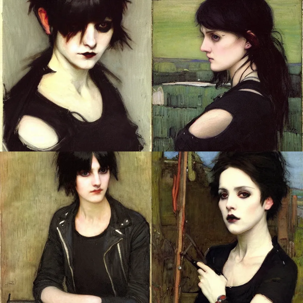 Prompt: a goth portrait painted by john william waterhouse. her hair is dark brown and cut into a short, messy pixie cut. she has a slightly rounded face, with a pointed chin, large entirely - black eyes, and a small nose. she is wearing a black tank top, a black leather jacket, a black knee