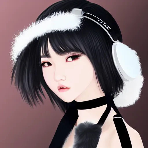 Image similar to realistic beautiful gorgeous natural cute Blackpink Lalisa Manoban black hair cute fur black cat ears, wearing white camisole, headphones, black leather choker artwork drawn full HD 4K highest quality in artstyle by professional artists WLOP, Taejune Kim, Guweiz on Pixiv Artstation