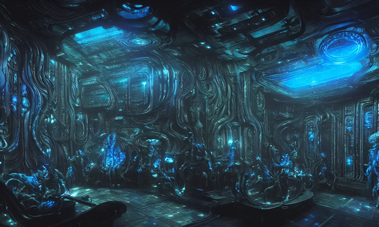 Image similar to Prometheus biological sci-fi environment set, glowing blue control panel, in a nightmarish universe of odd forms and somber tapestry, HR Giger and Vincent Di Fate, vivid color scheme, featured in artstation, octane render, cinematic, elegant, intricate, 8k