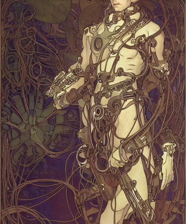 Image similar to realistic detailed portrait of a male! mecha cyberpunk! monk! by alphonse mucha and charlie bowater and art germ, rule of thirds, golden ratio, art nouveau! cyberpunk! style, mechanical accents!, mecha plate armor, glowing leds, flowing wires with leaves, art nouveau accents, art nouveau patterns and geometry, rich deep moody colors