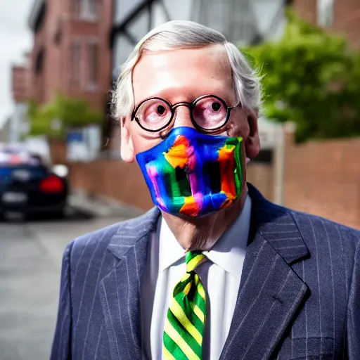 Prompt: senator mitch mcconnell as a soundcloud rapper with face tattoos and gold teeth and rainbow colored hair, profile portrait in front of urban alleyway