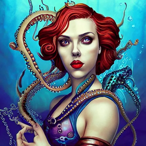 Prompt: underwater lofi bioshock venom steampunk mermaid portrait of scarlett johansson in bikini, octopus, Pixar style, by Tristan Eaton Stanley Artgerm and Tom Bagshaw.