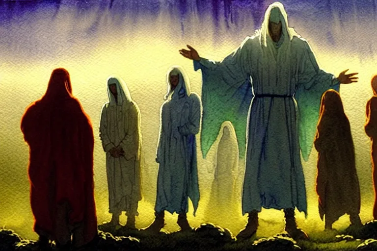 Prompt: a realistic and atmospheric watercolour fantasy character concept art portrait of a group of christians wearing robes greeting an alien that is standing below a ufo. they are emerging from the mist on the moors of ireland at night. a ufo is in the background. by rebecca guay, michael kaluta, charles vess and jean moebius giraud