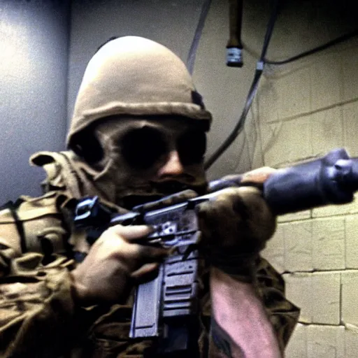 Prompt: a high quality color creepy atmospheric dimly lit extreme closeup film 3 5 mm depth of field photograph of a man wearing army fatigues, face dripping with sweat, holding a machinegun nervously pointing it in front of him getting ready to shoot, in a secret military bunker in antarctica in 1 9 8 2