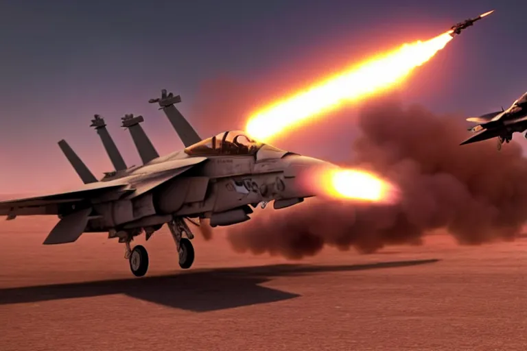 Image similar to a gritty hyperdetailed photorealistic f - 1 8 hornet ground attack aircraft shooting a missile at a small group of vehicles in the desert, volumemetric lighting, cinematic framing, cinematatic lighting, cinematic shadows, in the style of top gun maverick