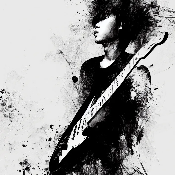 Image similar to abstract, a young korean male musician wearing black tank top holding a telecaster!!! electric guitar!! explodes in abstract, thick flowing dramatic brush strokes, strong wind, white background, matte colors, impressionist, extreme motion, trending on artstation