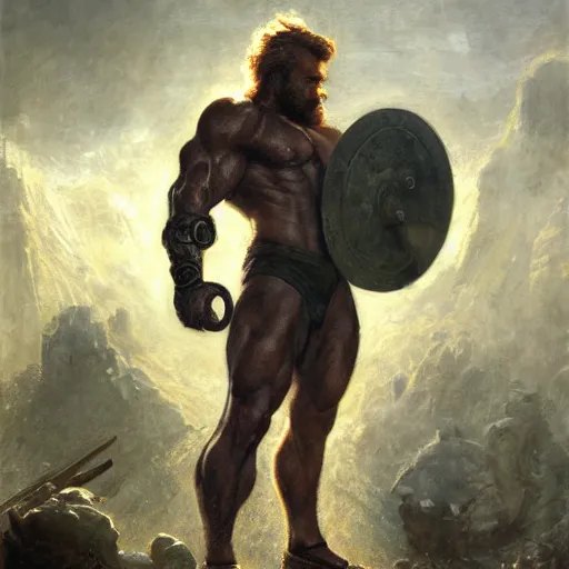 Prompt: handsome portrait of a spartan guy bodybuilder posing, radiant light, caustics, war hero, metal gear, steel bull run, lush moss surroundings, by gaston bussiere, bayard wu, greg rutkowski, giger, maxim verehin