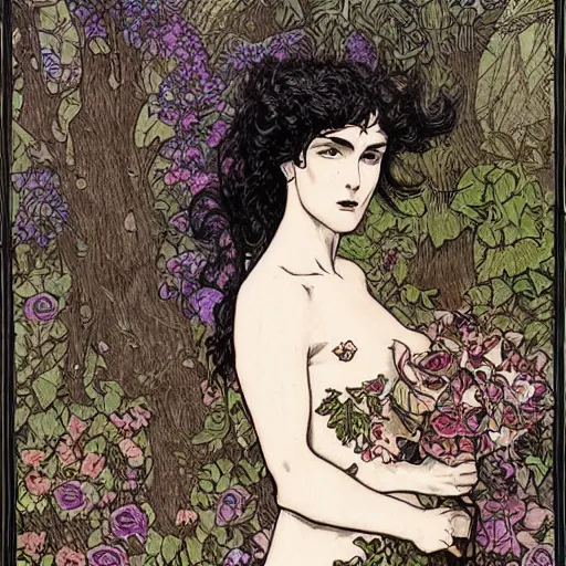 Image similar to stoic heroic emotionless blond butch tomboy woman, standing side by side with taller goth black - haired dark fae jennifer connelly, in love, romantic in romantic garden, mike mignogna, illustration, pen and ink, oil painting, highly detailed, mucha