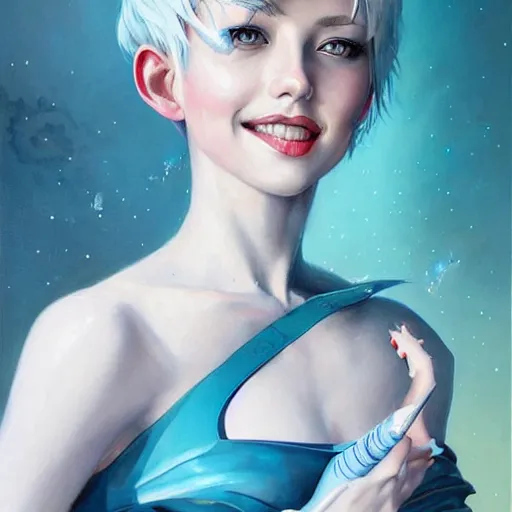 Image similar to a beautiful painting of a smiling woman with stylish short blue hair and sparkling blue eyes representative of the art style of artgerm and wlop and peter mohrbacher, portrait