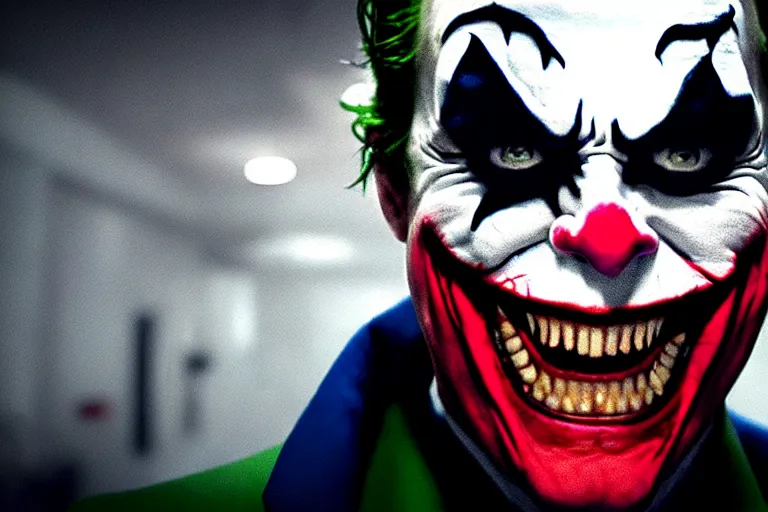 Prompt: Joker imitates Spider-Man and laughs, scary scene, top horrible creatures, horrible, horror films, film on real events, horrors filmed on camera, fangs and drool, jaw and tongue, man is terrified, fear, darkness, basement, 8k, hyper-realistic, ray tracing, night, flashlight