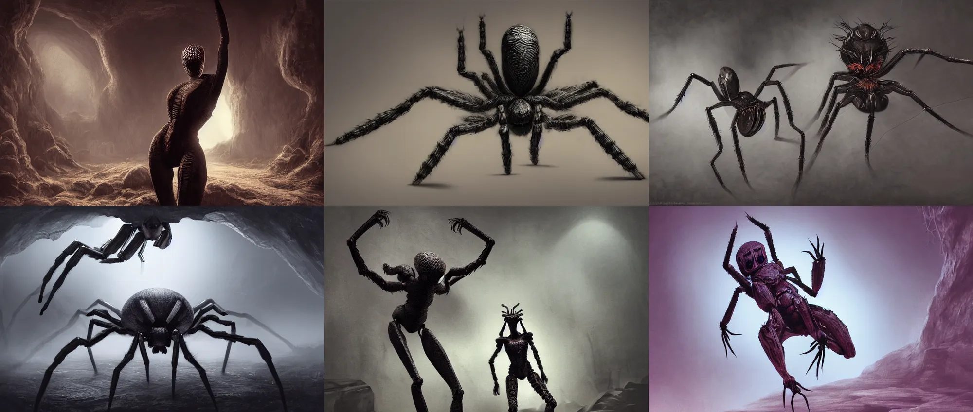 Prompt: creepy matte painting of an armored humanoid female spider monster with eight spider legs in a dark cave, ultra detailed, monster, half human half spider, human torso and head, human face, human arms, spider thorax, creature design, concept art, 8 k, moody lighting, muted colors, blue tone light, dramatic lighting, realistically proportioned face